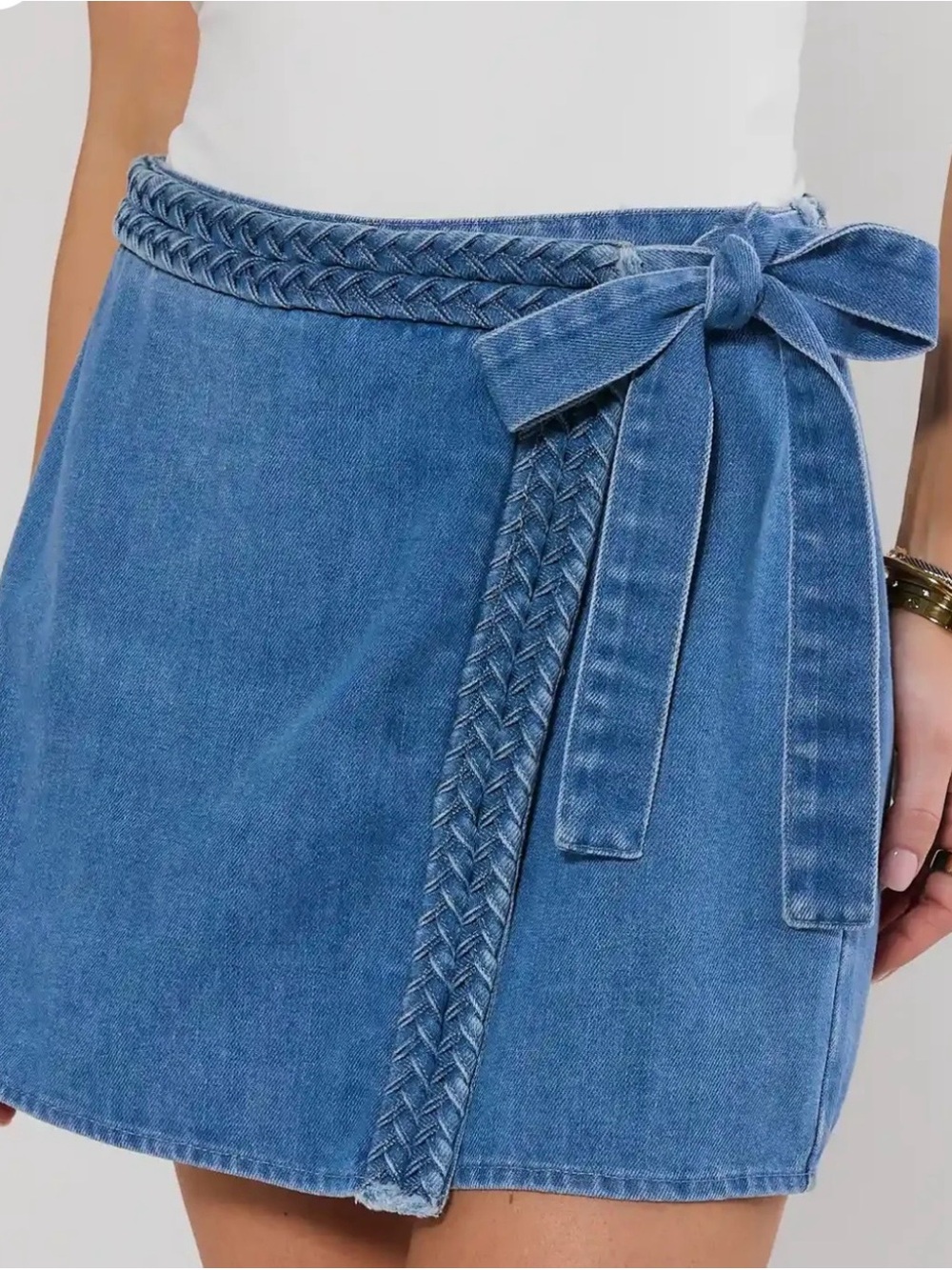 Women’s Blue Denim Wrap Skort with Braided Belt